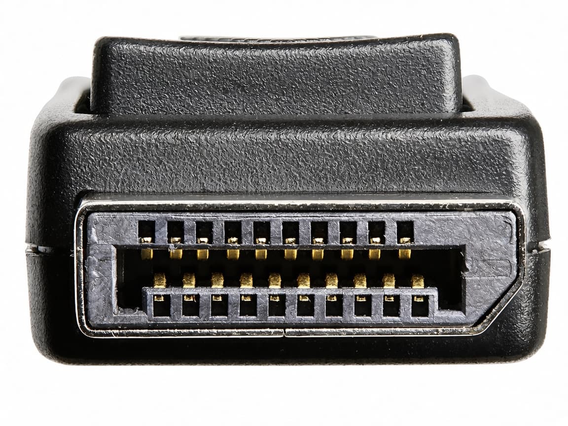 DisplayPort. Rechthoek met één afgeschuinde hoek en een vergrendelingshaakje.