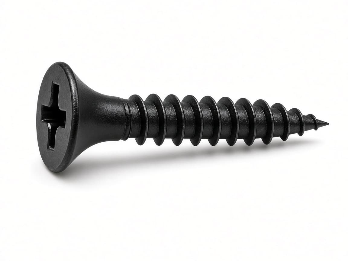 Gipsplaatschroef. Trompetkop die in de plaat trekt. Grove draad voor hout, fijne draad voor een metalen regel.