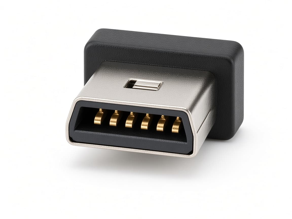 Mini-USB. Oudere kleine stekker, groter dan micro-USB, met afgeronde hoeken.