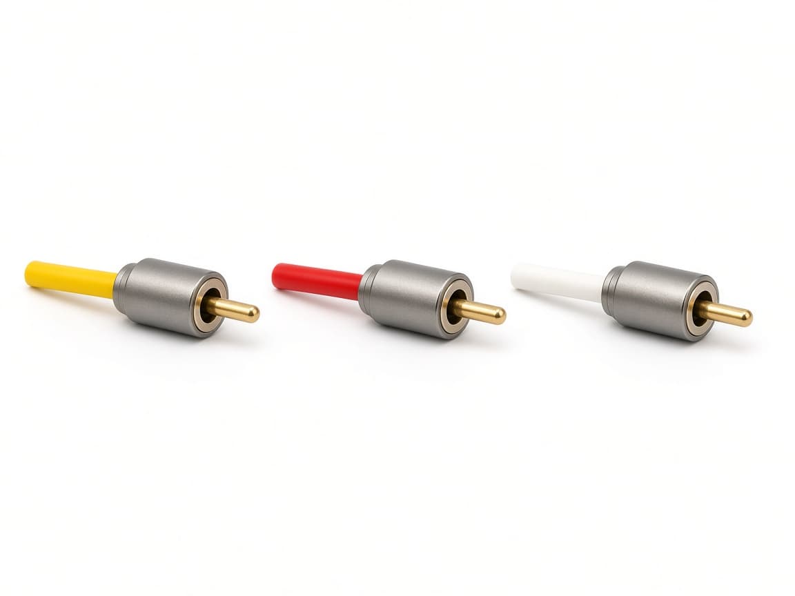 RCA. Ronde mantel met een pen in het midden. Geel, rood en wit zijn gangbare kleuren, geen andere stekker.