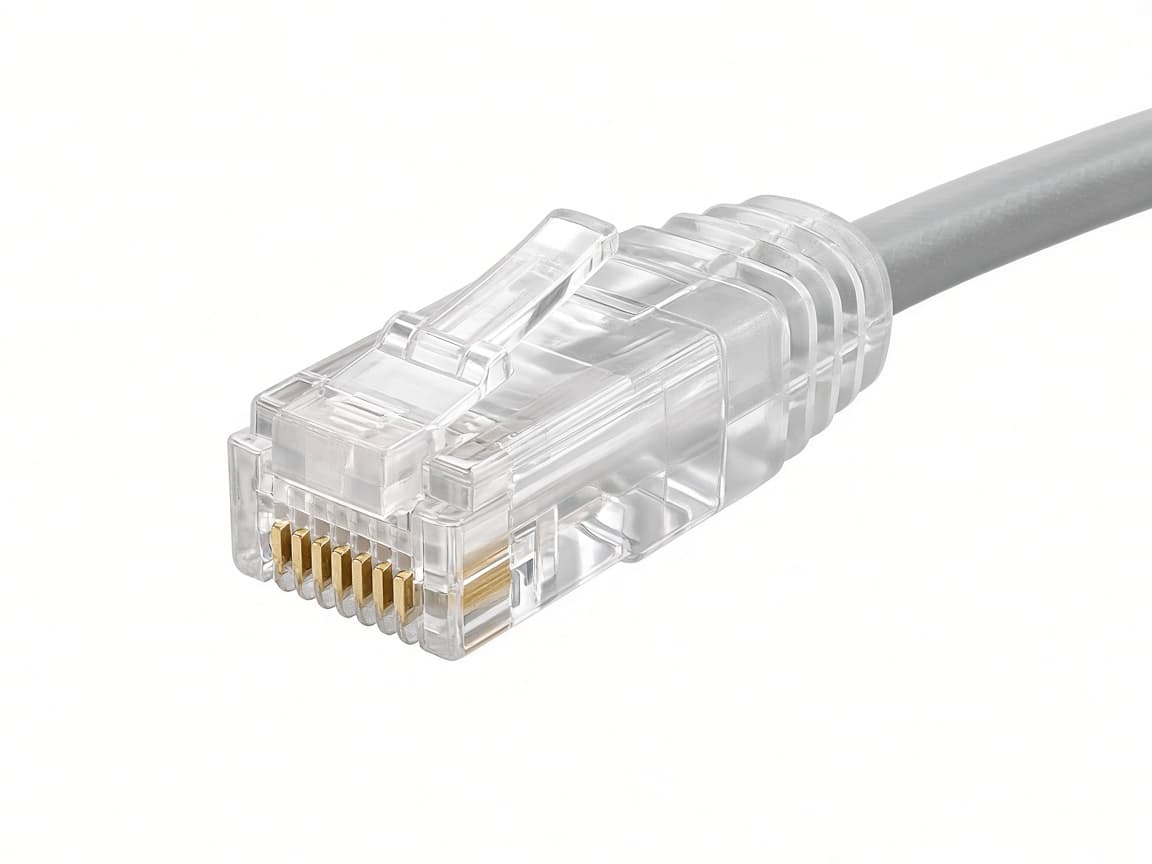 RJ45. Brede modulaire stekker met een veerclip en acht contacten. Groter dan een telefoonstekker.