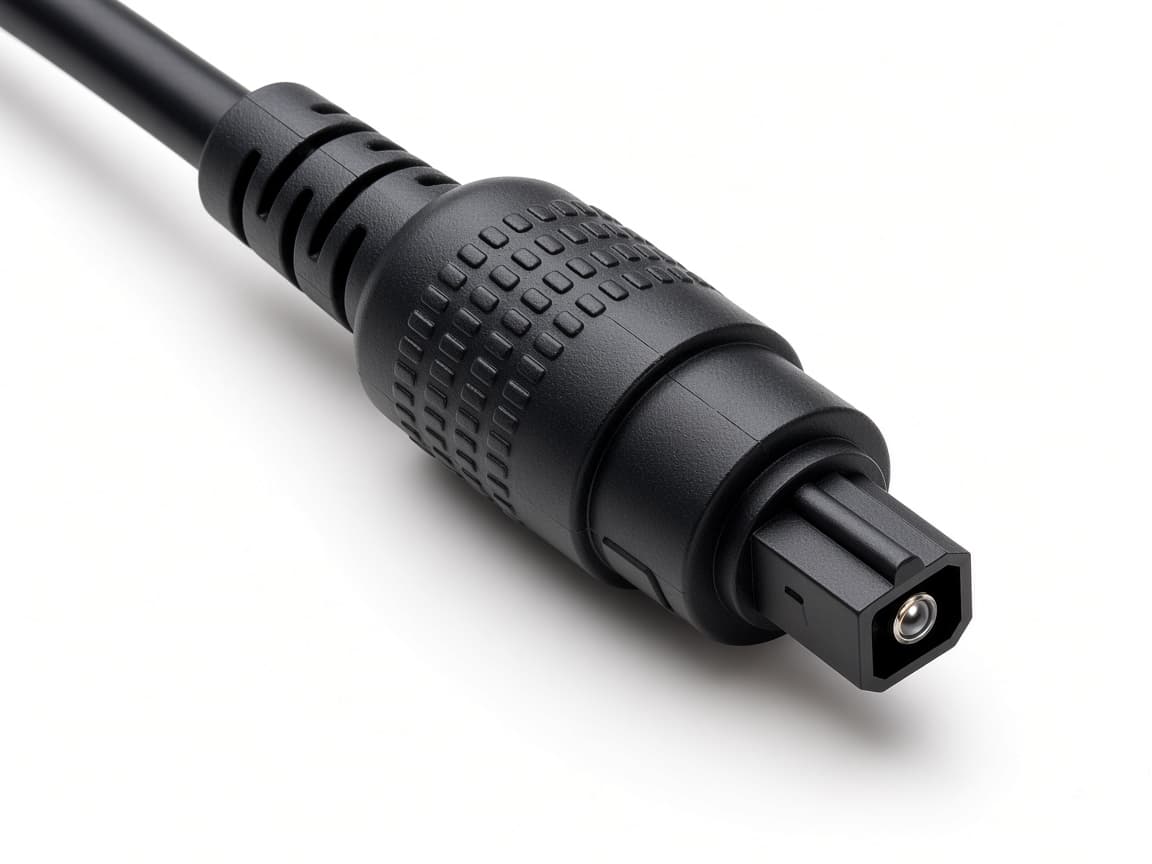 Optische audio. Vierkante Toslink-stekker. Er gaat licht doorheen, geen elektrisch audiosignaal.