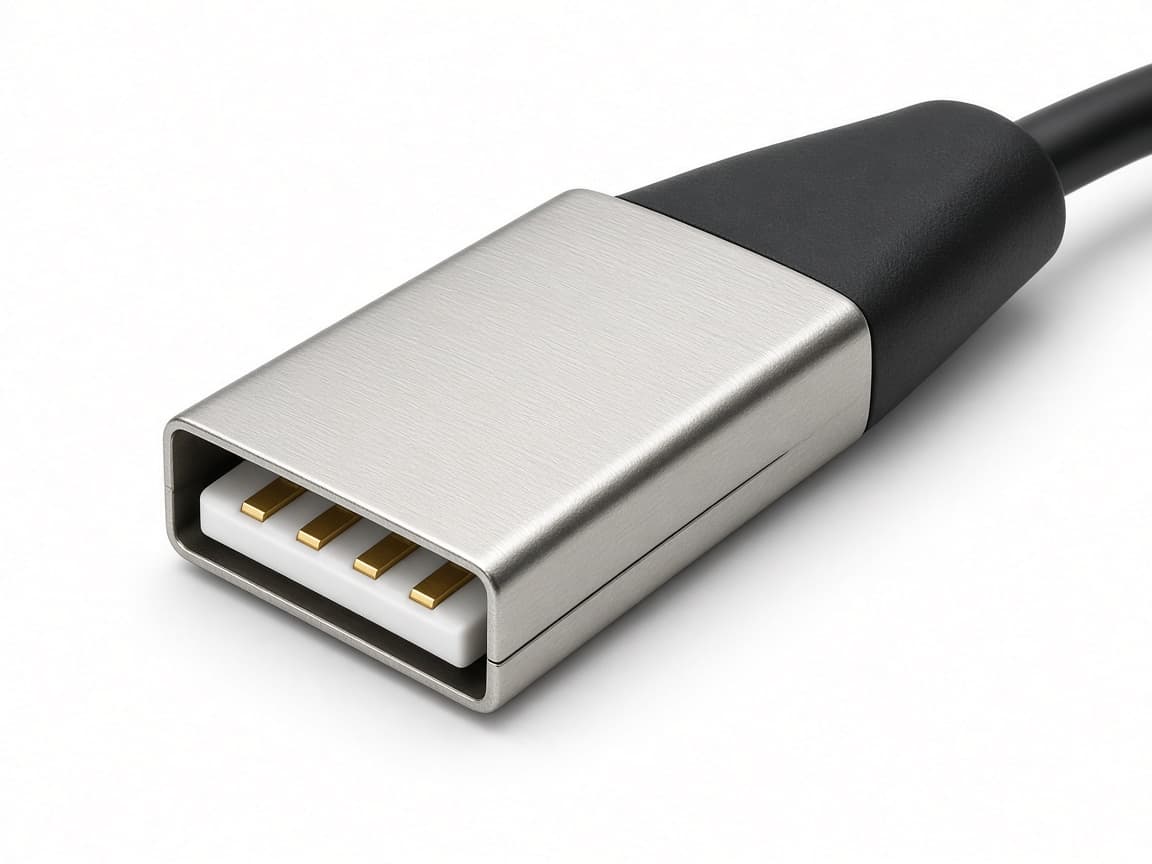 USB-A. Platte rechthoek met een plastic tong. De stekker past niet omgekeerd.
