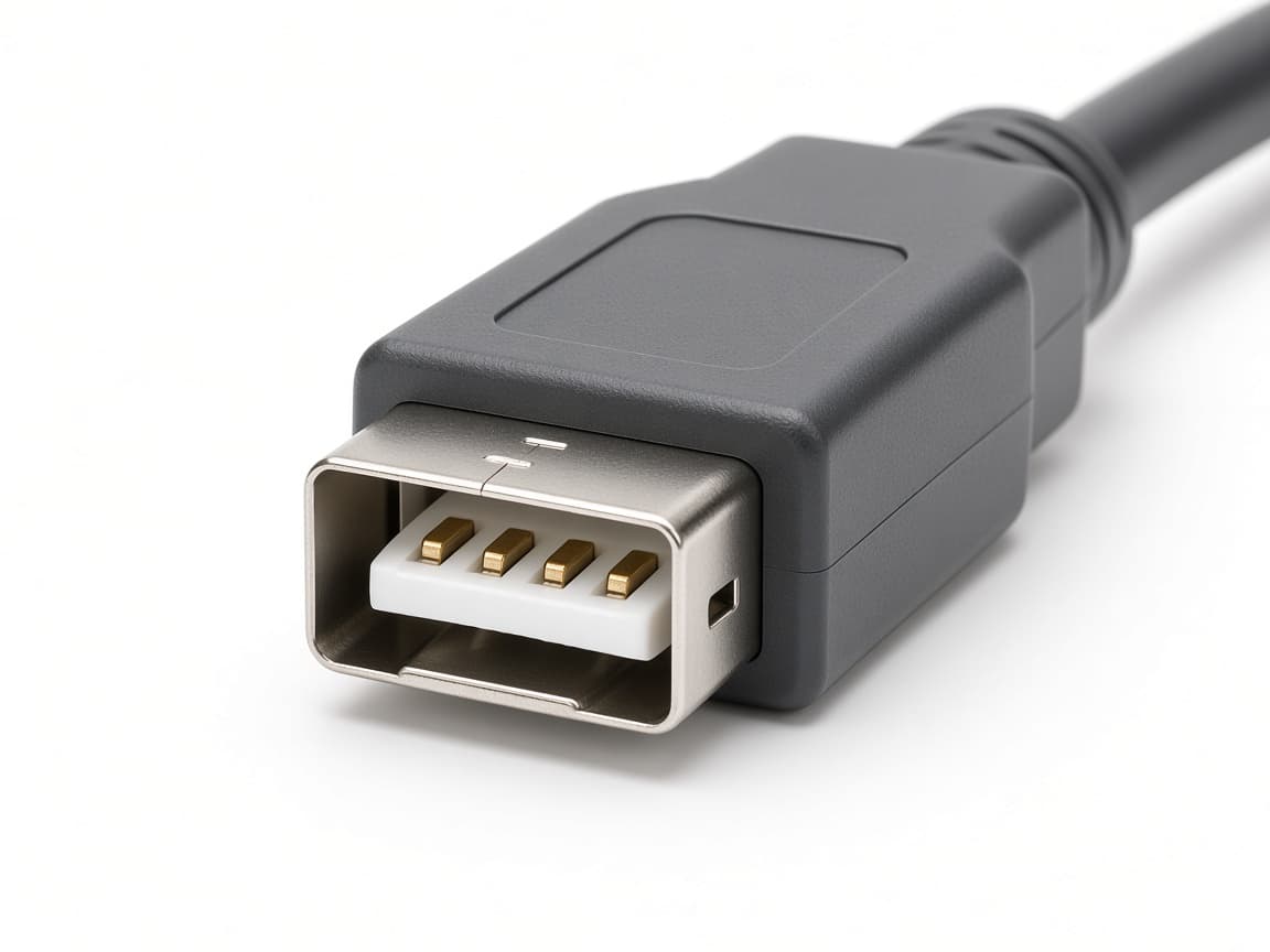 USB-B. Bijna vierkante stekker met afgeschuinde bovenhoeken, meestal aan de printerkant.