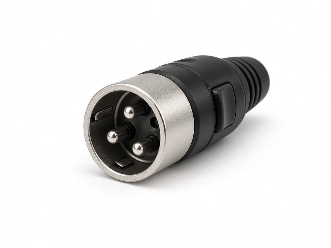 XLR. Ronde stekker met drie pinnen, gebruikelijk bij microfoons en professionele audio.